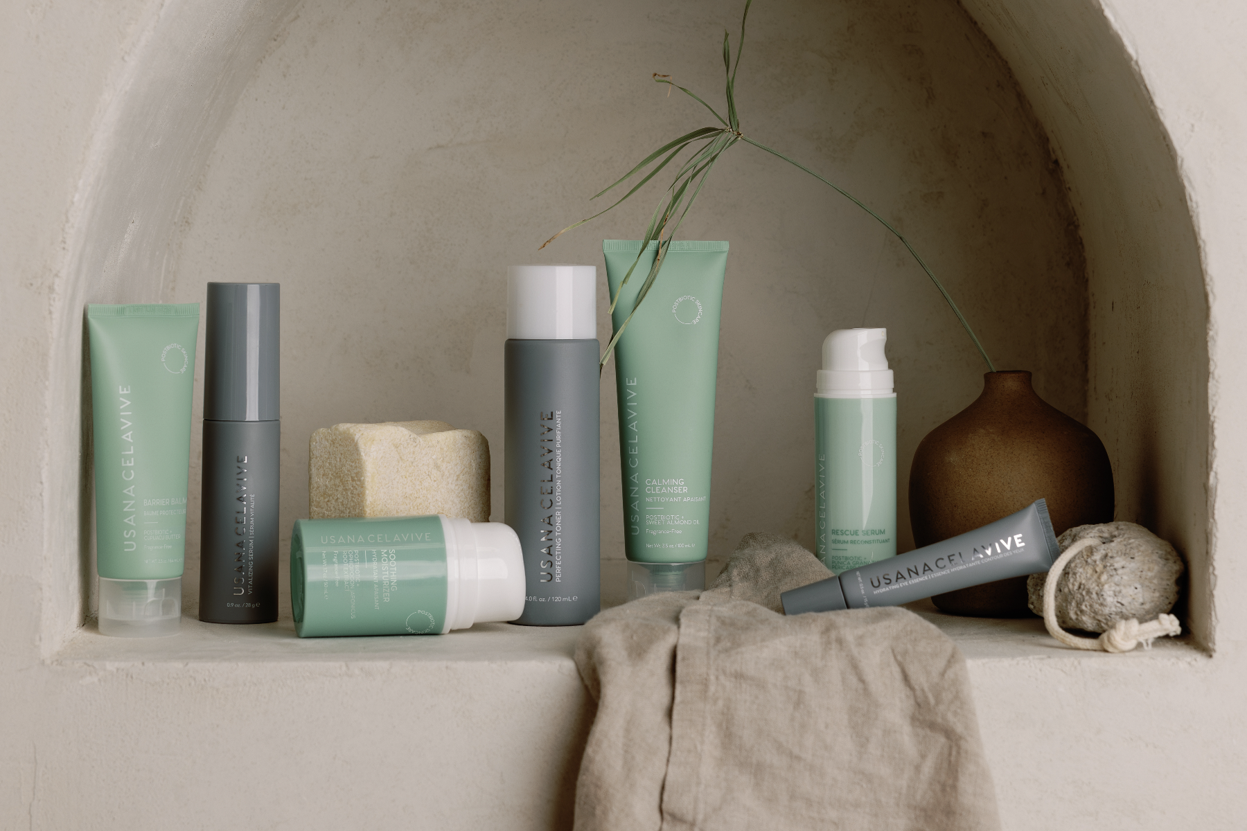 Postbiotic skincare line on shelf